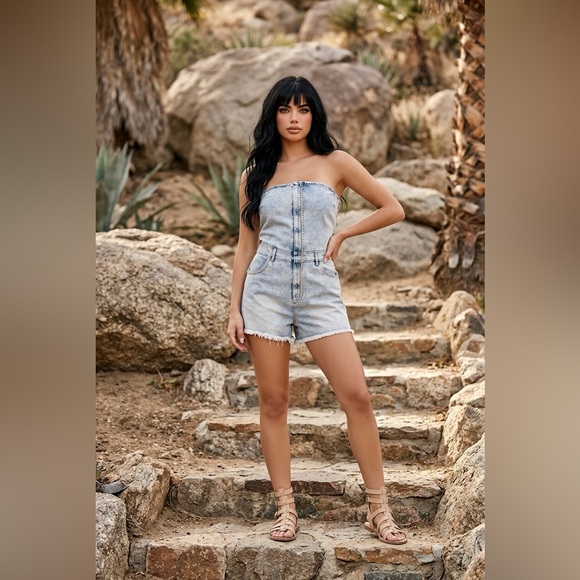 Fashion Nova Pants - Fashion Nova Light Blue Denim Rhinestone-Trim romper